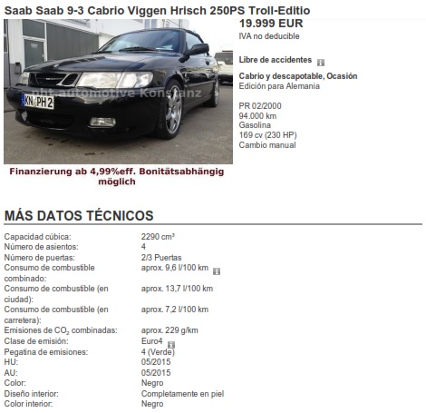 Saab Saab 9-3 Cabrio Viggen Hrisch 250PS Troll-Editio como Cabrio y descapotable en Singen